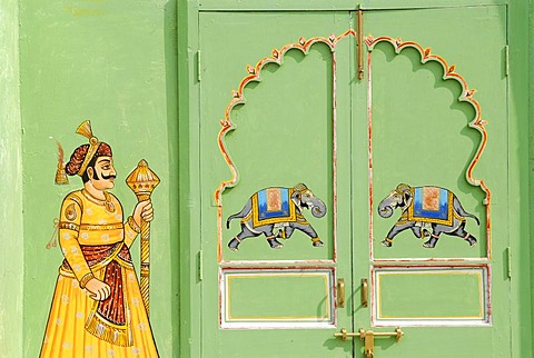 Painting on a green wall and door, elephants and Rajput, Shiv Niwas, city palace of Udaipur, Rajasthan, North India, India, Asia