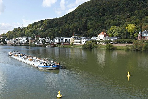 Fuel boat on the Neckar River, Heidelberg, Baden-Wuerttemberg, Germany, Europe