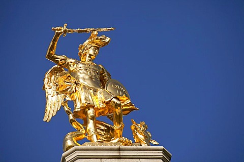 A gilded statue of the Archangel Michael with the dragon on the Koblenzer Tor gate in Bonn, North Rhine-Westphalia, Germany, Europe