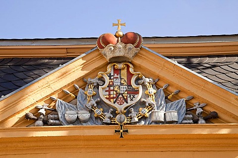 Coat of arms on a gable, Schloss Neuhaus castle, an outstanding Weser-Renaissance building in Paderborn, North Rhine-Westphalia, Germany, Europe