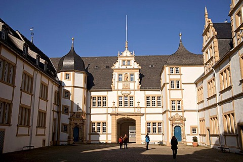 Courtyard of Schloss Neuhaus castle, an outstanding Weser-Renaissance building in Paderborn, North Rhine-Westphalia, Germany, Europe