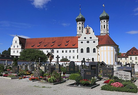 St Benedict monastery church and Kloster Benediktbeuren monastery, former Benedictine abbey, Bad Toelz-Wolfratshausen district, Bavaria, Germany, Europe