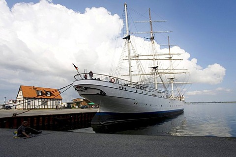 Tall ship Gorch Fock moored in the harbour, Hanseatic city of Stralsund, Mecklenburg-Western Pomerania, Baltic Sea, Germany, Europe