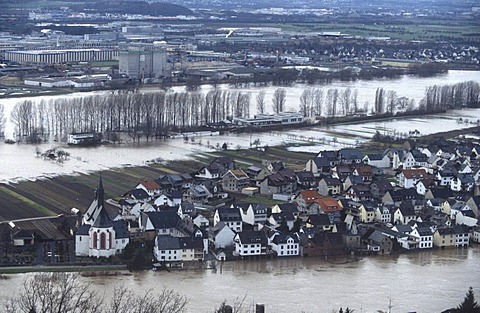 Aerial view, hundred year flood of Rhine river in 1995, Niederwerth, Rhineland-Palatinate, Germany, Europe