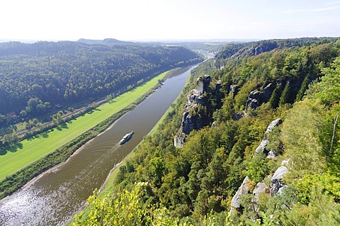 View of the Elbe River as seen from Bastei rock formation, Elbe Sandstone Mountains, Saxon Switzerland district, Saxony, Germany, Europe