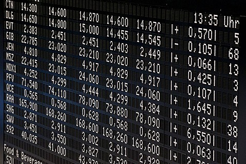 Stock prices, trading floor of Frankfurter Wertpapierboerse, Frankfurt Stock Exchange, Deutsche Boerse AG, Frankfurt am Main, Hesse, Germany, Europe