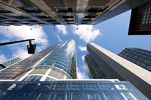 Neue Mainzer Strasse street with the Maintower, low angle shot, Frankfurt am Main, Hesse, Germany, Europe