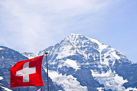 Swiss flag in the Jungfrau region, Switzerland, Europe