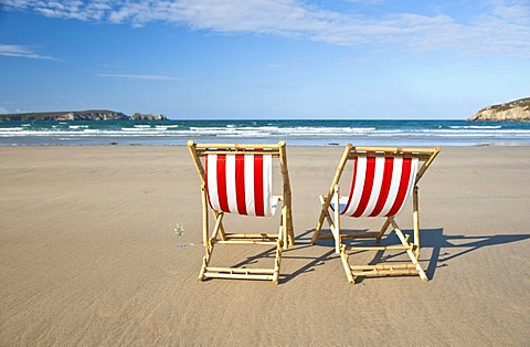 Two empty deck chairs on the beach, Camaret-sur-Mer, Finistere, Brittany, France, Europe