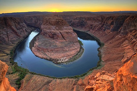 Horseshoe Bend or King Bend, a meandering bend of the Colorado River, at sunset, Page, Glen Canyon National Recreation Area, Arizona, United States of America, USA