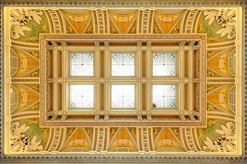 Magnificent ceiling with glass painting in the large entrance hall, The Great Hall, The Jefferson Building, Library of Congress, Capitol Hill, Washington DC, District of Columbia, United States of America, USA