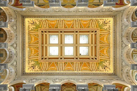 Magnificent ceiling with glass painting in the large entrance hall, The Great Hall, The Jefferson Building, Library of Congress, Capitol Hill, Washington DC, District of Columbia, United States of America, USA