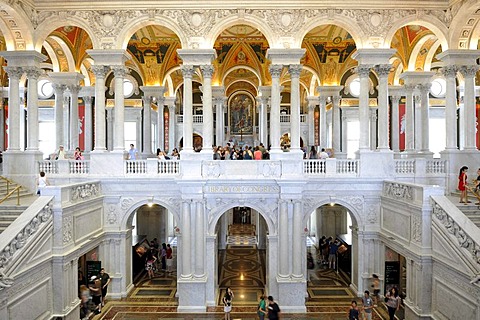 Marble columns, marble arches, frescoes, mosaics in the magnificent entrance hall, The Great Hall, The Jefferson Building, Library of Congress, Capitol Hill, Washington DC, District of Columbia, United States of America, USA