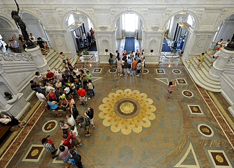 Tourists in the magnificent entrance hall with signs of the zodiac, The Great Hall, The Jefferson Building, Library of Congress, Capitol Hill, Washington DC, District of Columbia, United States of America, USA