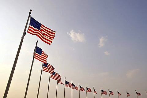 U.S. flags in front of the Washington National Monument, obelisk, Washington DC, District of Columbia, United States of America, PublicGround