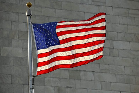 U.S. flag in front of the Washington National Monument, obelisk, Washington DC, District of Columbia, United States of America, PublicGround