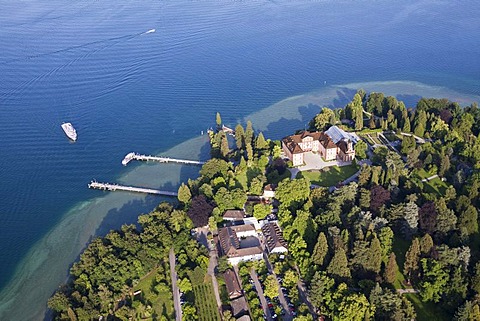 Aerial view, flower island of Mainau with its castle and pier, Lake Constance, Konstanz district, Baden-Wuerttemberg, Germany, Europe