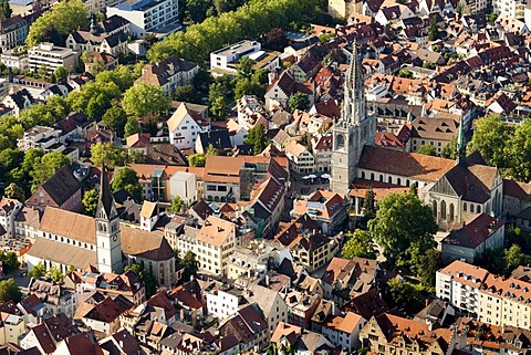 Aerial view, historic town centre of Constance with the Cathedral of Our Dear Lady and St. Stephen's Church, Lake Constance, Konstanz district, Baden-Wuerttemberg, Germany, Europe