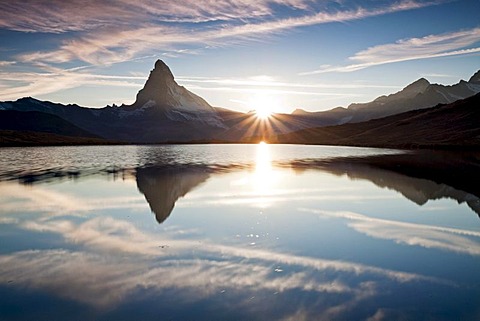 Sunset at Mt Matterhorn with reflections in Stellisee Lake, Zermatt, Canton Valais, Switzerland, Europe, PublicGround