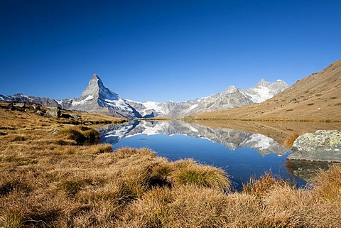 Mt Matterhorn reflected in Stellisee Lake, Zermatt, Canton Valais, Switzerland, Europe, PublicGround