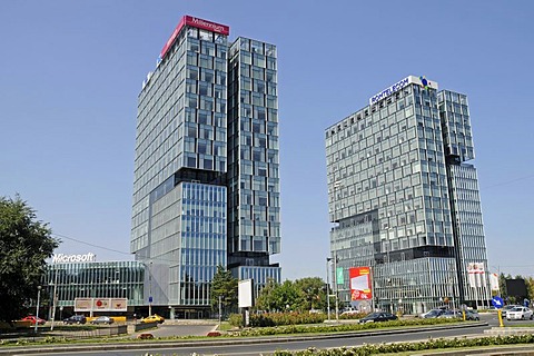 Modern high-rise office buildings, Microsoft, Millennium Bank, Romtelecom, corporate office, Bucharest, Romania, Eastern Europe, Europe, PublicGround