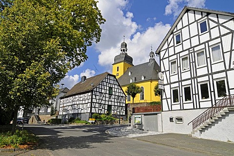 St Sebastian parish church, half-timbered houses, Friesenhagen, Wildenburger Land, Westerwald region, Rhineland-Palatinate, Germany, Europe, PublicGround