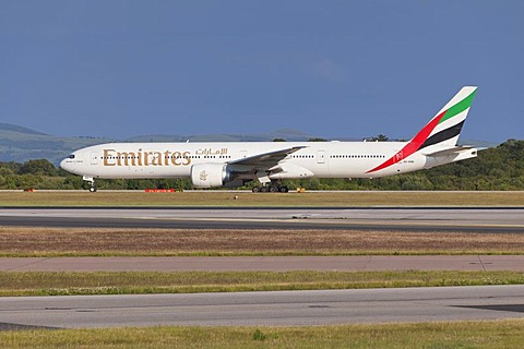 Emirates Airlines aircraft at Manchester Airport, England, United Kingdom, Europe