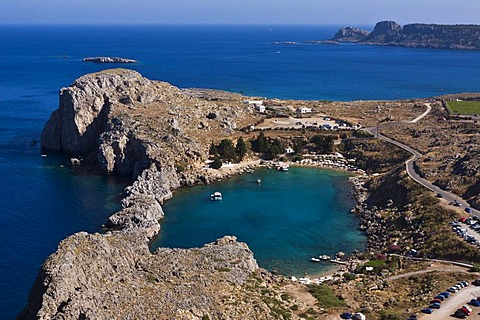 St Paul's Bay, view from the Acropolis of Lindos, Lindos, Rhodes, Greece, Europe