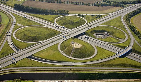 Aerial view, ADAC monument to honour the Yellow Angels, artist Alex Gockel, at the Kamener Kreuz, cross junction of the A1 and A2 motorways, Kamen, Ruhr Area, North Rhine-Westphalia, Germany, Europe