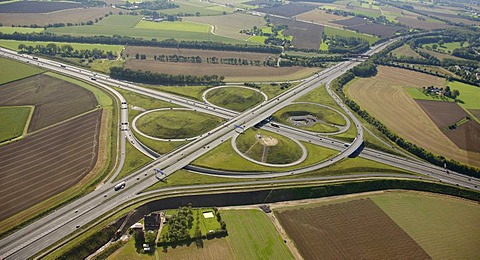 Aerial view, ADAC monument to honour the Yellow Angels, artist Alex Gockel, at the Kamener Kreuz, cross junction of the A1 and A2 motorways, Kamen, Ruhr Area, North Rhine-Westphalia, Germany, Europe