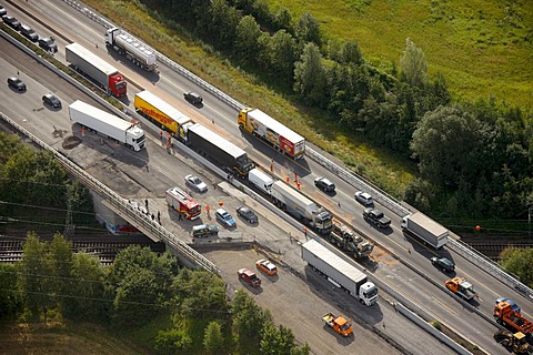 Aerial view, traffic backed up due to an accident with a truck resulting in closure of the highway, A2 motorway between Hamm-Rhynern and Hamm, Ruhr Area, North Rhine-Westphalia, Germany, Europe