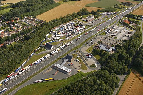 Aerial view, overcrowded Rhynern-Nord motorway service area, rest and driving times of lorry drivers, Hamm, Ruhr area, North Rhine-Westphalia, Germany, Europe