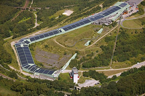 Aerial view, damage caused by sinking of the reclaimed land, Alpincenter Bottrop, with solar panels on the roofs, Bottrop, Ruhr Area, North Rhine-Westphalia, Germany, Europe