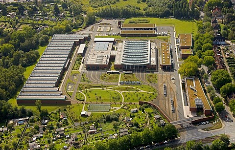 Aerial view, Engelsburg tram depot, Essener Strasse, BOGESTRA, Bochum, Ruhr Area, North Rhine-Westphalia, Germany, Europe