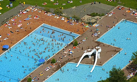 Aerial view, outdoor swimming pool, town pool, Grugabad Essen, Ruhr area, North Rhine-Westphalia, Germany, Europe