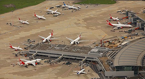 Aerial view, Airberlin passenger aircraft, Duesseldorf Airport, Rhineland, North Rhine-Westphalia, Germany, Europe