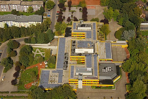 Aerial view, solar roofs, Ingeborg-Drewitz-Gesamtschule school, Gladbeck, Ruhr area, North Rhine-Westphalia, Germany, Europe