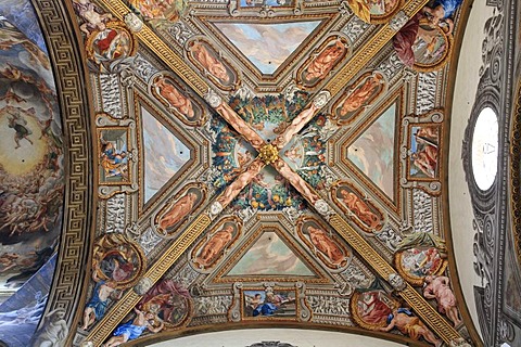 Ceiling with frescoes, Duomo di Parma or Parma Cathedral, Piazza Duomo, Parma, Emilia-Romagna, Italy, Europe