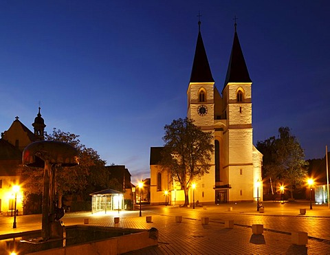 Stiftskirche of St. Vitus and St. Deocar, collegiate church, and Deocar fountain at night, markt square, Herrieden, Altmuehltal region, Middle Franconia, Bavaria, Germany, Europe, PublicGround