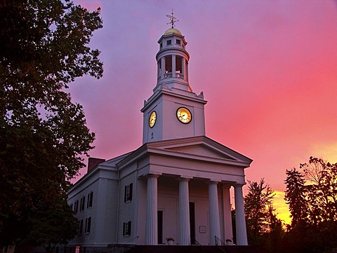 First Parish in front of a spectacular sunset, Concord, Massachusetts, USA