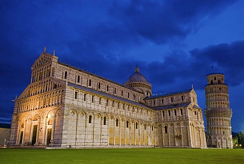 The Cathedral and the Leaning Tower at the Piazza del Duomo or Piazza dei Miracoli, Square of Miracles, blue hour, Pisa, Tuscany, Italy, Europe