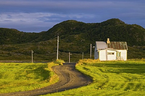 A white farmhouse, a gravel road and green meadows in Sandoya, Nordland, Norway, Europe