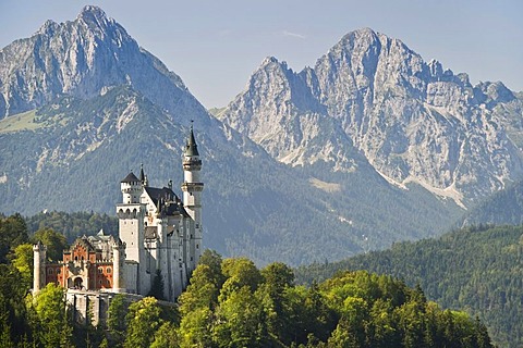 Schloss Neuschwanstein Castle and Alpsee Lake, near Fuessen, Allgaeu, Bavaria, Germany, Europe