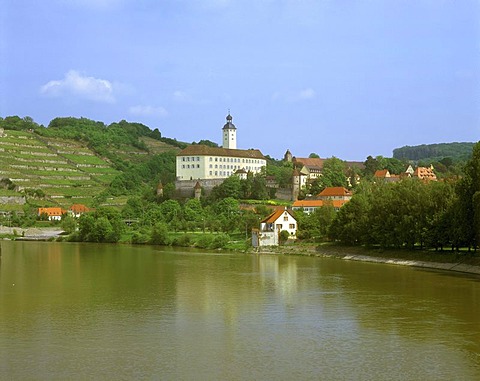 Burg Horneck Castle above the Neckar river, castle of the Teutonic Knights, Gundelsheim, Baden-Wuerttemberg, Germany, Europe