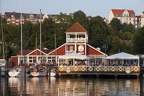 Bellevue restaurant and cafe in the evening light, harbour, Flensburg, Flensburg Fjord, Schleswig-Holstein, Germany, Europe, PublicGround