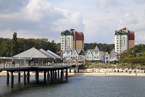 Heringsdorf seaside resort, town, pier, rehab clinic, spa hotel and beach as seen from the sea, Usedom, Baltic Sea, Mecklenburg-Western Pomerania, Germany, Europe