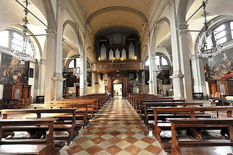 Nave with organ, Church of San Martino Vescovo, 16th century, Burano, Venice, Veneto region, Italy, Europe