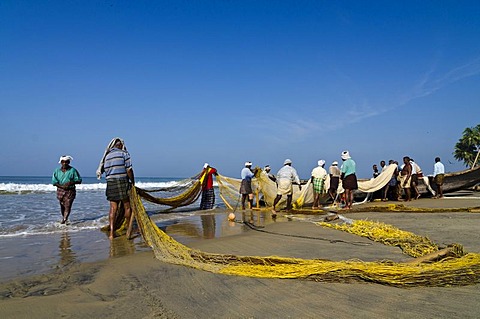 Fishermen fishing the traditional way, in a small village at the coast around Varkala, Kerala, India, Asia