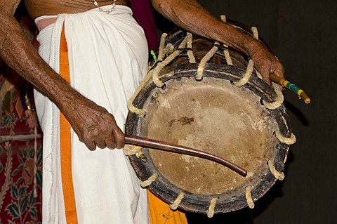 Drummer at a Kathakali performance, Varkala, Kerala, India, Asia