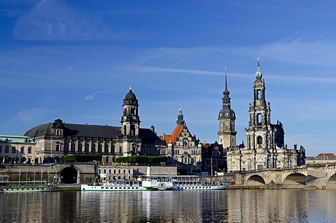 Hofkirche church and the Dresden Castle, as seen across the river Elbe from Carolabruecke bridge, Dresden, Saxony, Germany, Europe